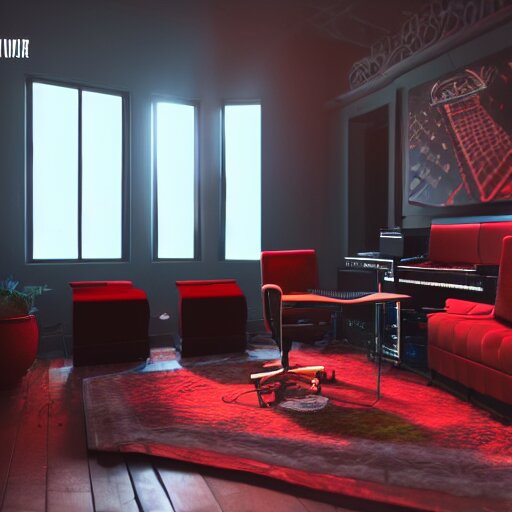 A screenshot of a Virtual Reality music studio, living room vibe, Paris loft style, red velvet furniture, light rays coming out of the windows, raytracing, highly detailed, futuristic, unreal engine 5, photoscanned, photorealistic, 