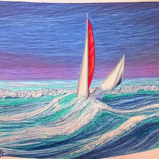  Colored pencil art on paper, Sailboat surfing the waves, highly detailed, artstation, MasterPiece, Award-Winning, Caran d'Ache Luminance