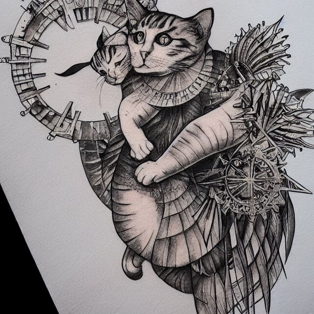 tattoo sketch of a cat hugging the sun, on a canva, steampunk style, ornamental, line art, minimalism, industrial sci - fi, by mandy jurgens, ernst haeckel, james jean 