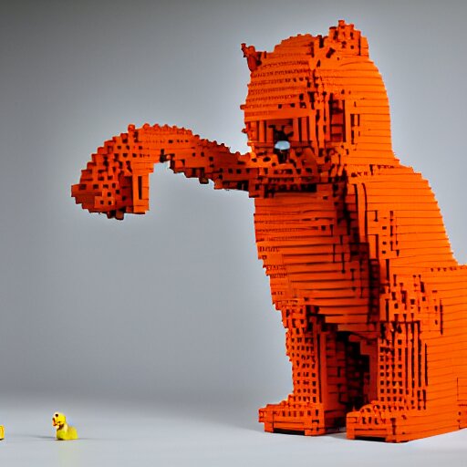 1 0, 0 0 0 piece lego sculpture by a master builder of a smiling orange cat with a big head and white face walking upright, scratch. mit. edu, product photography, studio lighting 