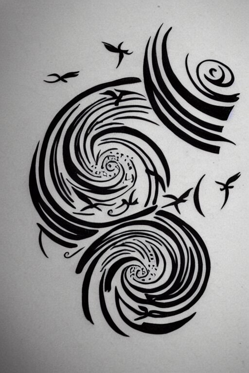 a simple tattoo design of birds flying in a 8 spiral, black ink, logo 