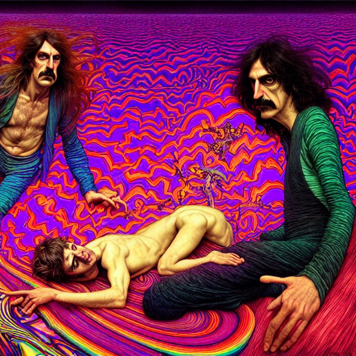 bright psychedelic photo of pink floyd and frank zappa tripping on lsd, diffuse lighting, fantasy, intricate, elegant, highly detailed, lifelike, photorealistic, digital painting, artstation, illustration, concept art, smooth, sharp focus, art by John Collier and Albert Aublet and Krenz Cushart and Artem Demura and Alphonse Mucha