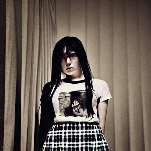 female model teenage goth photography plaid mini skirt band shirt beautiful face, dramatic light darkroom 