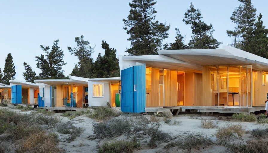 An architectural rending of an eco-community neighborhood of innovative contemporary 3D printed sea ranch style cabins with rounded corners and angles, beveled edges, made of cement and concrete, organic architecture, on the California coastline with side walks, parks and public space , Designed by Gucci and Wes Anderson, golden hour