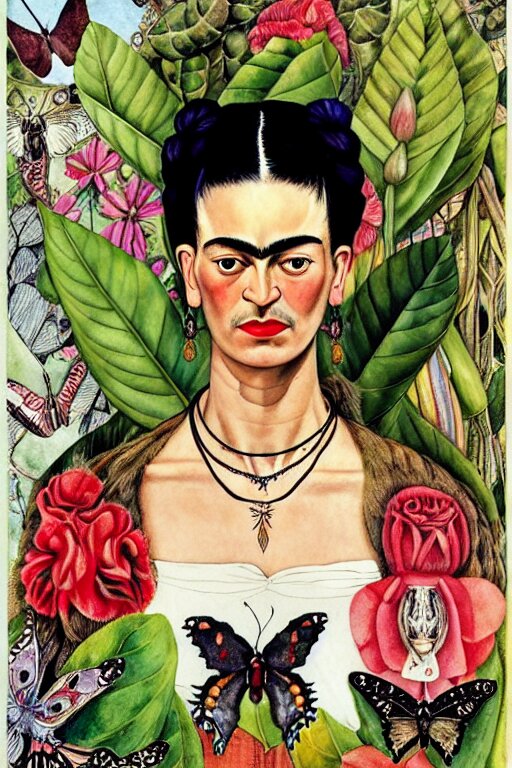 Lexica - Realistic portrait of frida kahlo in the center of an ornate ...