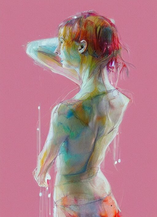 gorgeous woman in short by agnes cecile, view from back, bent - over posture, half body portrait, extremely luminous bright design, pastel colours, ink drips, autumn lights 