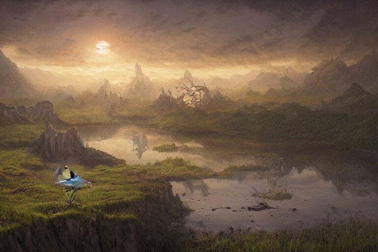 aerial view, fantasy painting, dungeons and dragons, a faerie village hovels, swamp reeds wetland marsh sunset estuary, with ominous shadows, an egret by jessica rossier and brian froud cinematic painting 