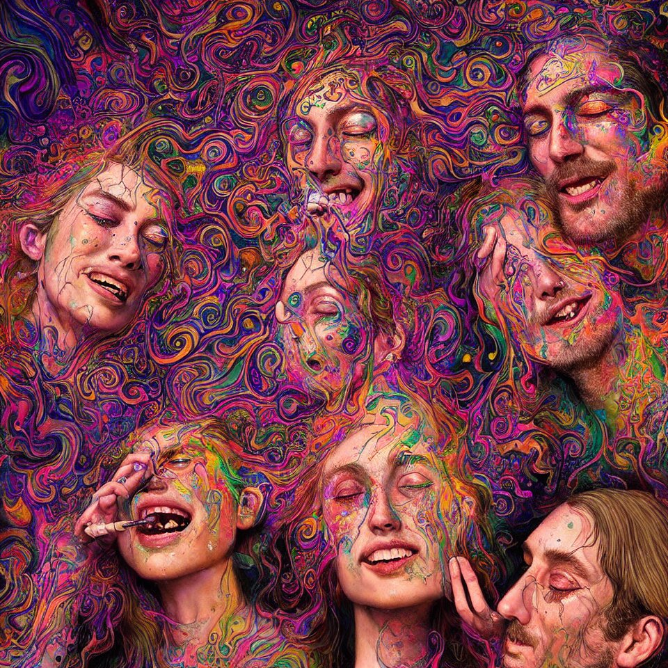 happy psychedelic portrait of friends smoking dmt and becoming gods, smiling and crying, old and young, diffuse lighting, fantasy, intricate, elegant, highly detailed, lifelike, photorealistic, digital painting, artstation, concept art, smooth, sharp focus, art by john collier and albert aublet and jenny saville and artem demura and francis bacon 