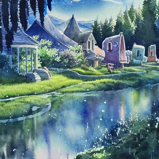 Beautiful happy picturesque charming sci-fi town in harmony with nature. Beautiful light. Water and plants. Nice colour scheme, soft warm colour. Beautiful detailed watercolor by Lurid. (2022)