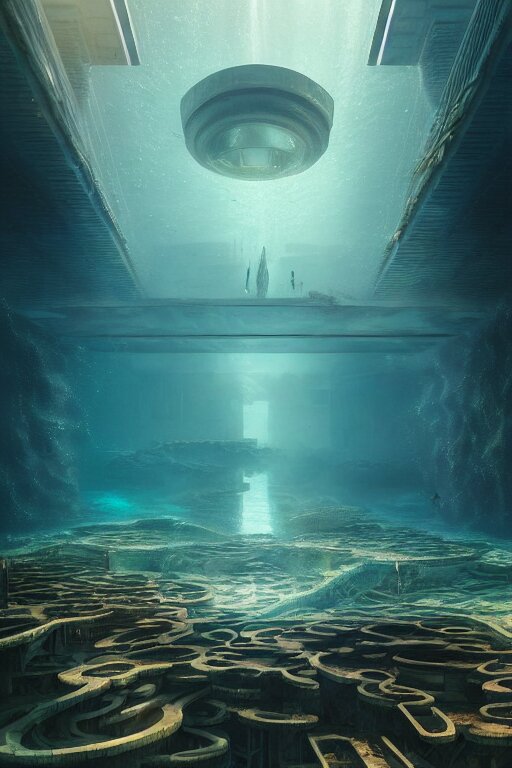 hyperrealistic precisionist cinematic underwater neo - dystopian city ruins with giant luminescent aquatic plants, digital art masterpiece, aykut aydogdu eric zener, dramatic volumetric light, long shot, low angle uhd 8 k, sharp focus 