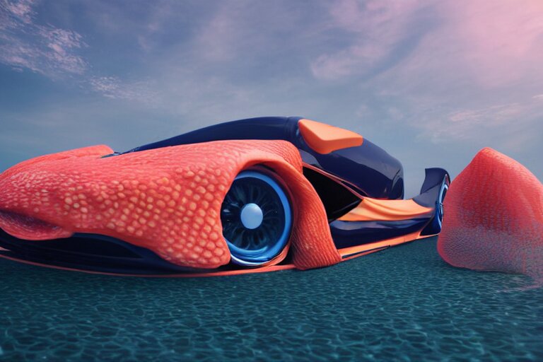 car made of fish, half car half fish, car with fins and gills, underwater fishy car, coral, luxury fish sports car, hd render 4 k, shiny materials, big bulging fish eyes, road 