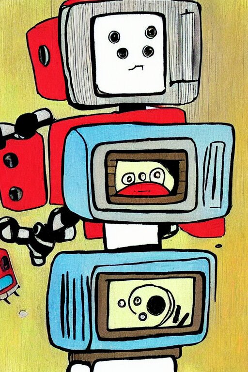 children's book illustration of robots watching tv by margret rey 