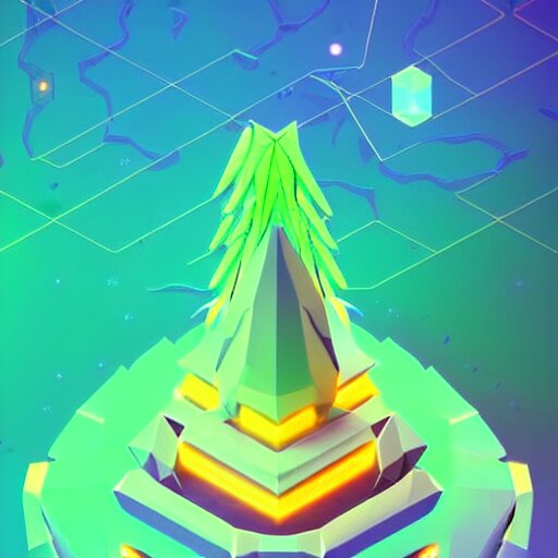 mobile game asset, isometric staircase, crystals, organic low poly design, bioluminescent alien - like plants inspired by the pandora aesthetic avatar's alien nature. we can see alien plants glowing in the dark arround the isometric itens in dark place cyan, orange smooth glow night photoshop filter low poly behance hd 