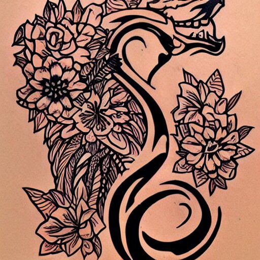 tattoo design, stencil, tattoo stencil, traditional, a cobra with its fangs out surrounded by flowers