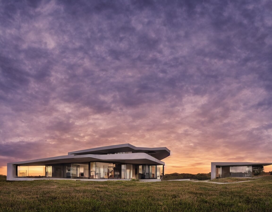 house on a hill, modern architecture, house concept, sunset, morning, stary sky, rtx lighting, cloudy sky 