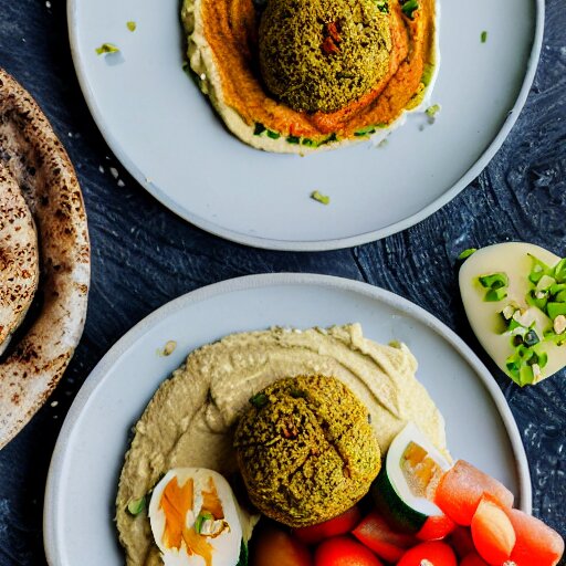 a hummus plate with falafel, food photography 