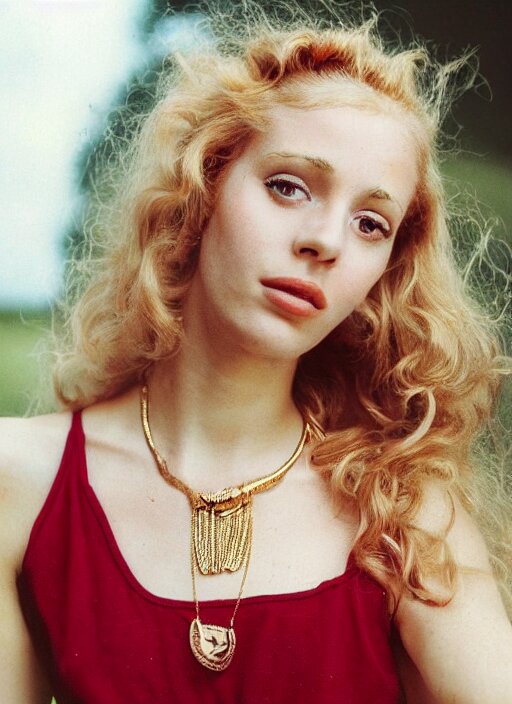 vintage photograph of an olive skinned female model with strawberryblonde hair in her twenties, her hair pinned up, wearing a designer top and one thin gold necklace, looking content, focused on her neck, photo realistic, extreme detail skin, natural beauty, no filter, slr, golden hour, 4 k, high definition, selfie 