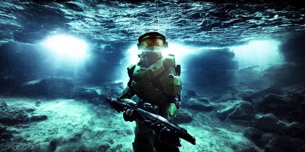halo master cheif, under water, deep sea, dark, cinematic, small glow, wide angle, 