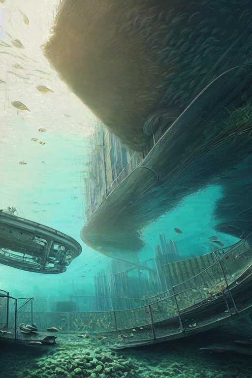 hyperrealistic precisionist cinematic underwater neo - dystopian city ruins with giant luminescent aquatic plants, digital art masterpiece, aykut aydogdu eric zener, dramatic volumetric light, long shot, low angle uhd 8 k, sharp focus 