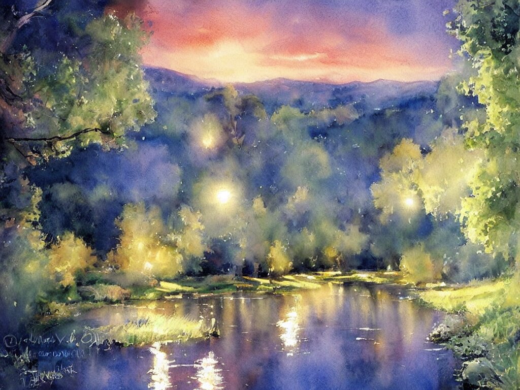 A beautiful night in the swedish countryside, watercolor painting by Vladimir Volegov