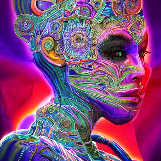 extremely psychedelic cyborg queen of lsd. intricate, elegant, highly detailed, photorealistic digital painting, artstation. 