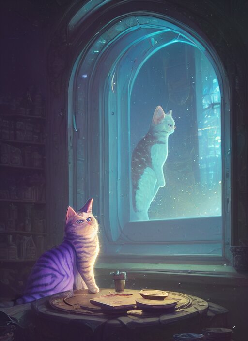 highly detailed portrait of a cat mage wearing a magical robe, stephen bliss, unreal engine, greg rutkowski, loish, rhads, beeple, makoto shinkai and lois van baarle, ilya kuvshinov, rossdraws, tom bagshaw, tom whalen, alphonse mucha, global illumination, god rays, detailed and intricate environment 