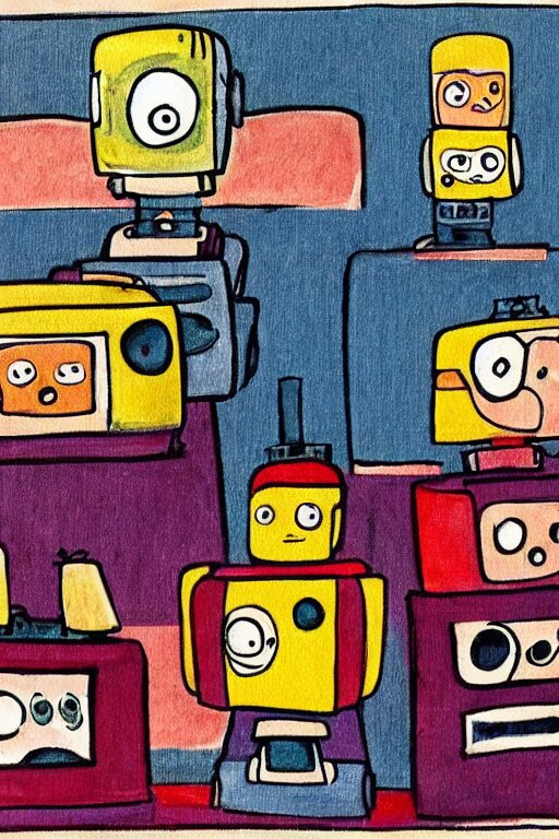children's book illustration of robots watching tv by margret rey 