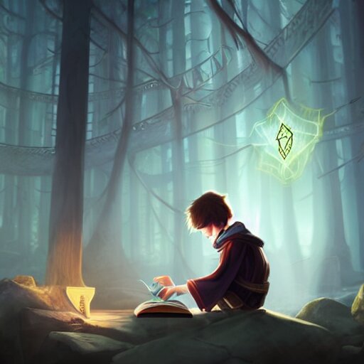 A young wizard reading a spell book at a desk, as he reads the words runes float in the air. Magic, orange lighting, flux. High fantasy, digital painting, HD, 4k, detailed.