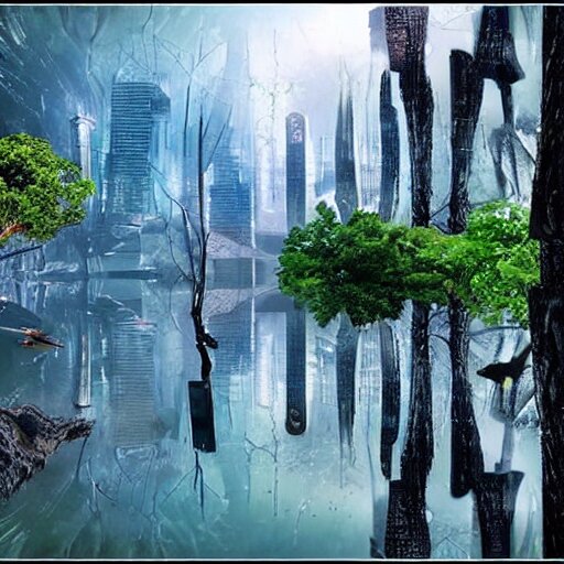 nature covered sci-fi city, magical