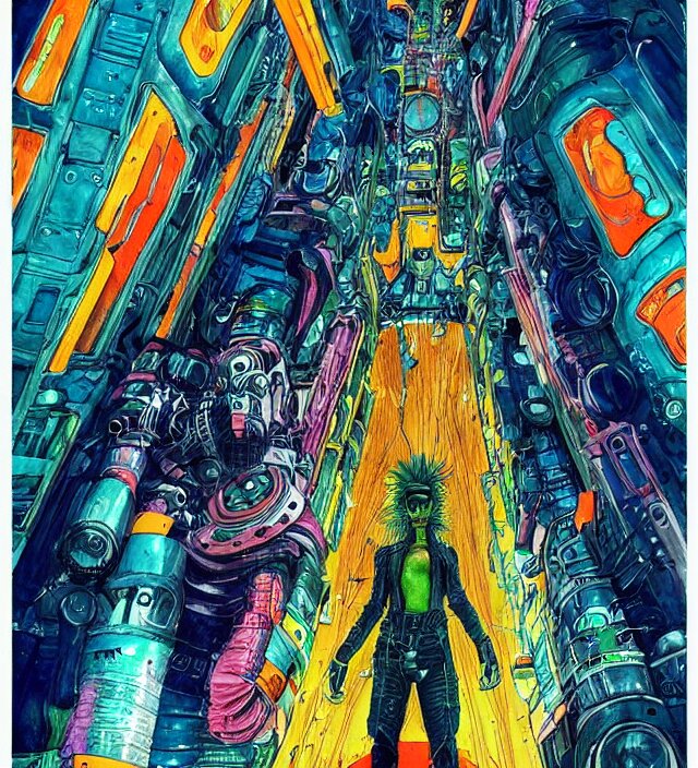 a watercolor ink painting of a cybernertic punk / raver in the style of jean giraud in the style of moebius trending on artstation deviantart pinterest detailed realistic hd 8 k high resolution 