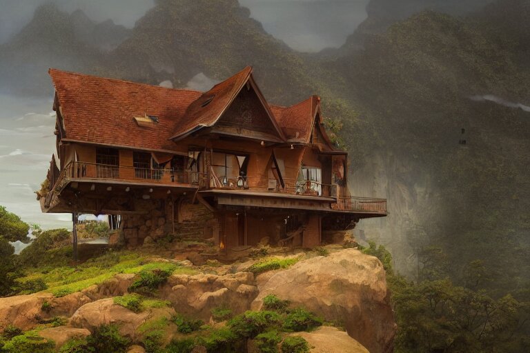 lovely a - frame home sits atop a broad cliff, overlooking the entirety of the blue sky, digital painting by greg rutkowski and gaston bussiere, zbrush, cgsociety contest winner, comprehensive art, intricate, landscape photography, brightly radiant atmosphere, overcast sky, homogeneous to hawaii, 4 k, 8 k 