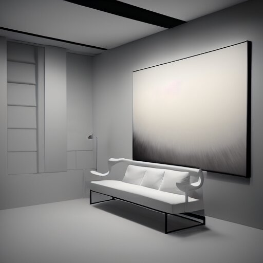 : abstract paintings on wall in white art studio with modern architecture cinematic lighting, hyper - realistic, detailed, render by c 4 d octane, unreal engine, 8 k 3 d render 