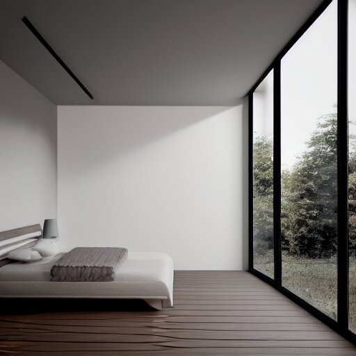 hyper realistic one point perspective of bedroom, wood, concrete, brick, glass 