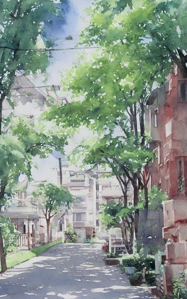 street lined with old residential houses summer watercolor by arti chauhan trending on artstation 