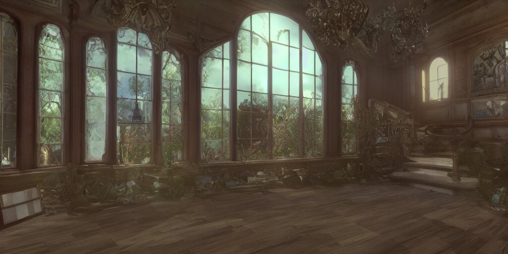 kingdom hearts twilight town mansion interior, nostalgic abandoned, sunlight streaming through the windows 