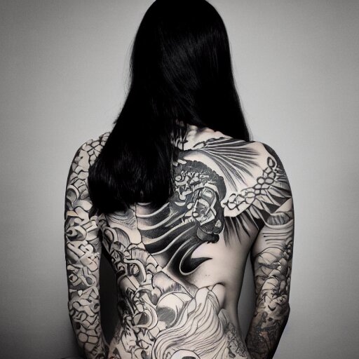 photography of the back of a woman with a black detailed irezumi tatto representing a cute caracal on her entire back, dark hangar background, mid-shot, editorial photography