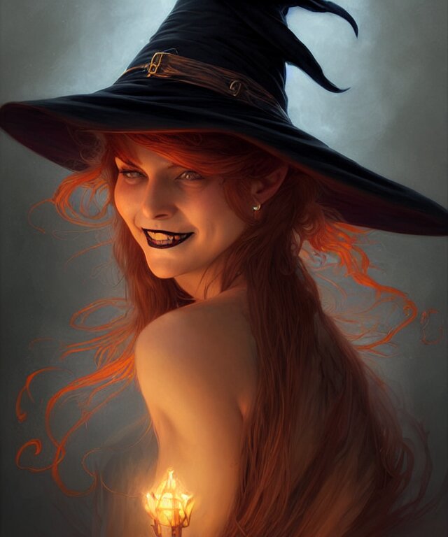 halloween witch woman in a hat smiles, fantasy magic, undercut hairstyle, dark light night, intricate, elegant, sharp focus, illustration, highly detailed, digital painting, concept art, matte, art by wlop and artgerm and greg rutkowski and alphonse mucha, masterpiece 