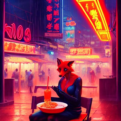 splash art of anthropomorphic female vulpes vulpes fulva woman sitting at a noodle stand eating noodles in the crowded street of a cyberpunk city, rain, harsh neon lighting, realistic, ultra detailed, by greg rutkowski, wlop, sakimichan, artgerm 