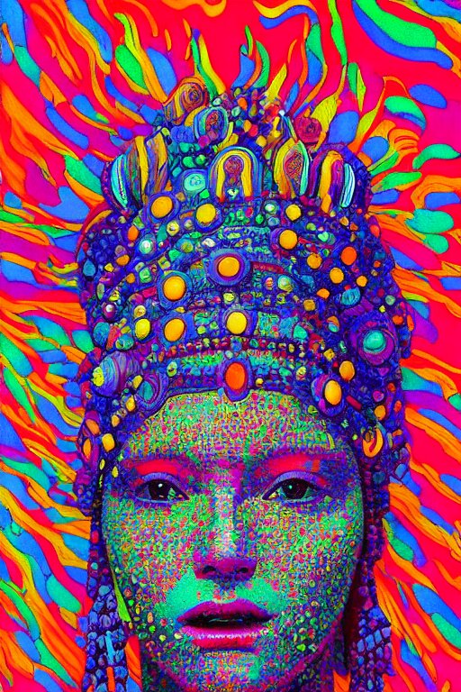 a colorful vibrant closeup portrait of a fashion model with a beaded headdress and dreaming psychedelic hallucinations, by kawase hasui, moebius, edward hopper and james gilleard, zdzislaw beksinski, steven outram colorful flat surreal design, hd, 8 k, artstation 