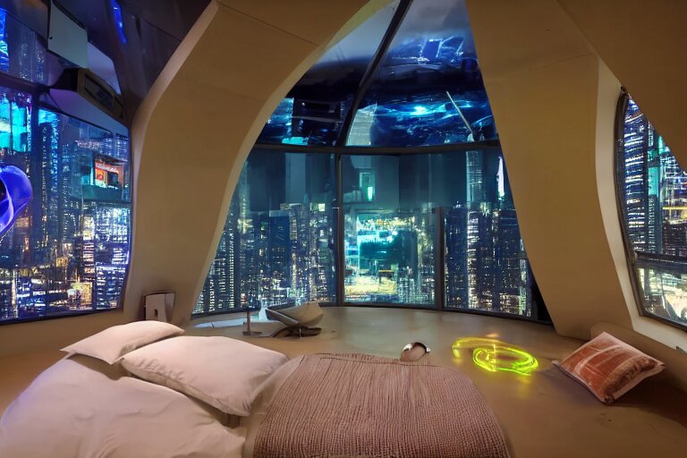 a futuristic bedroom with large curved ceiling high windows looking out to a far future cyberpunk cityscape, flying vehicles and robots passing by outside, night time, cyberpunk neon lights, raining