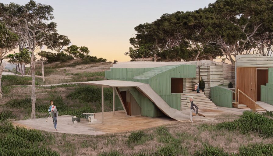 An architectural rending of an eco-community neighborhood of innovative contemporary 3D printed sea ranch style cabins with rounded corners and angles, beveled edges, made of cement and concrete, organic architecture, on the California coastline with side walks, parks and public space , Designed by Gucci and Wes Anderson, golden hour