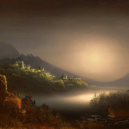 an ultra detailed painting of a mysterious misty lagoon at night, far away behind it is a cliff with a dark castle on top of it with a few windows lit, dark forests surrounding, twilight, highly detailed, fantasy, realistic 