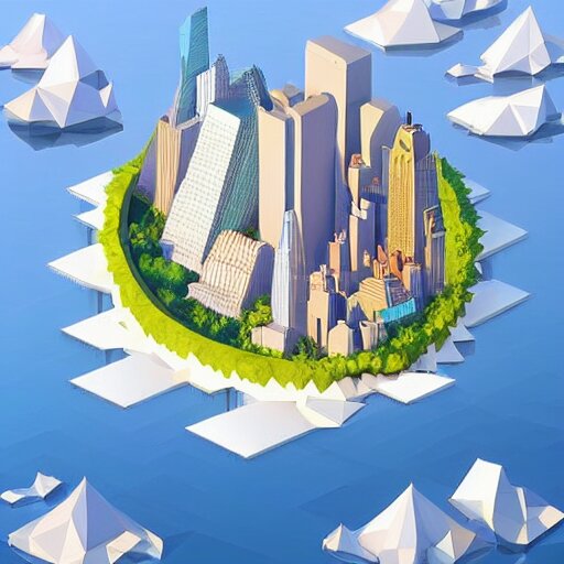 floating island with new york city in the sky, low poly, isometric art, 3d art, high detail, artstation, concept art, behance, ray tracing, smooth, sharp focus, ethereal lighting