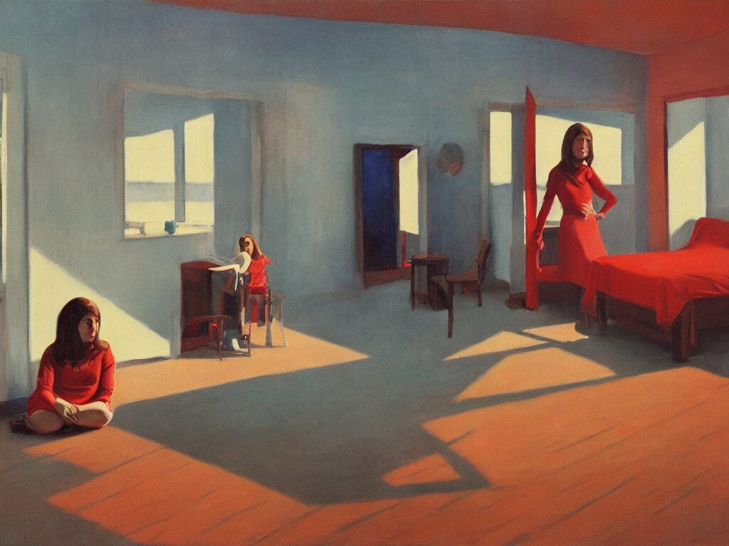 lone girl waiting inside a room, 7 0 s, stanley kubrick the shinning, american gothic, vibrant colors americana, cinematic, volumetric lighting, ultra wide angle view, realistic, detailed painting in the style of edward hopper and rene magritte 