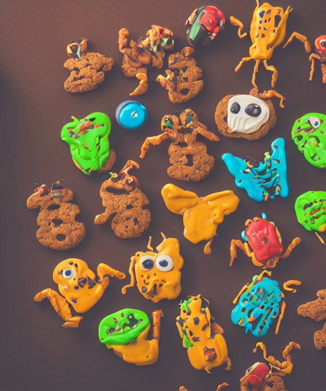 high quality presentation photo of colorful anthropomorphic horror alien monster insects eating cookies, photography 4k f1.8 anamorphic bokeh 4k Canon Nikon