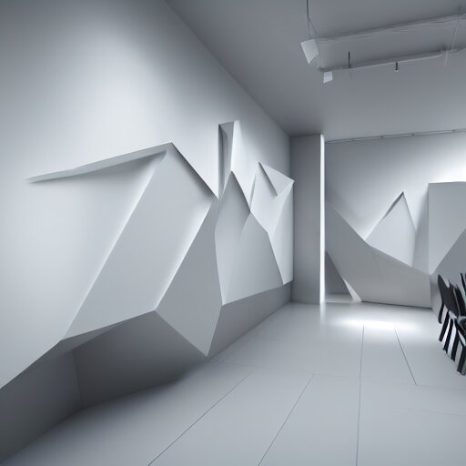 : abstract paintings on wall in white art studio with modern architecture cinematic lighting, hyper - realistic, detailed, render by c 4 d octane, unreal engine, 8 k 3 d render 