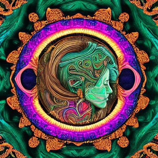 a majestic portrait of a woman with a vascular structure as the amazon aws logo, digital painting, high detail, 8 k, intricate ornamental details, vibrant iridescent colors, green magenta and gold 