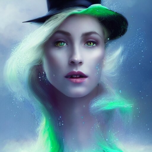 epic portrait an beautiful witch holding an potion bottle full of sparkling glitter liquid, green liquid, glowing, beautiful, goddess, glossy lips, sweaty skin, wet flowing long hair, witch hat, broad light, ambient occlusion, volumetric light effect, made by ivan aivazovsky, peter mohrbacher, greg rutkowski, matte painting, trending on artstation, 4 k, perfectly defined features, digital painting, 