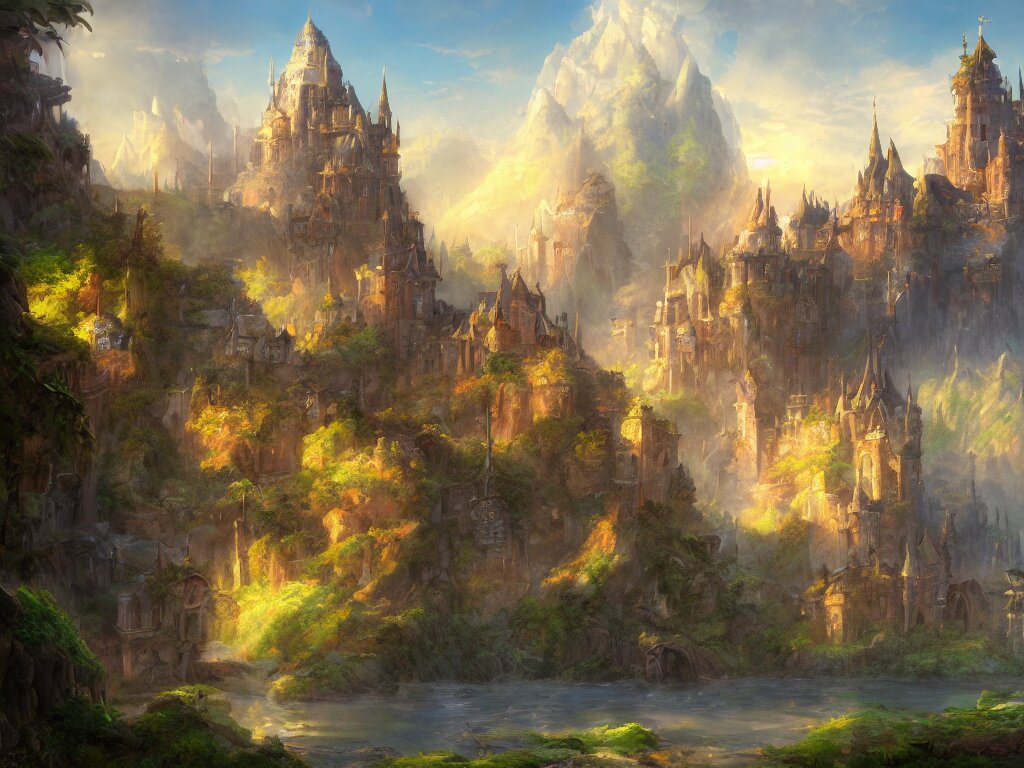 a beautiful masterpiece painting of a castle in a fantasy landscape by tyler edlin, perfect fine weather, summer, award winning, trending on artstation, 