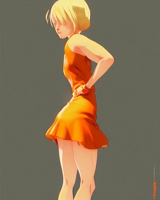 blond woman in an orange ripped mini dress, by artgerm, by studio muti, greg rutkowski makoto shinkai takashi takeuchi studio ghibli 